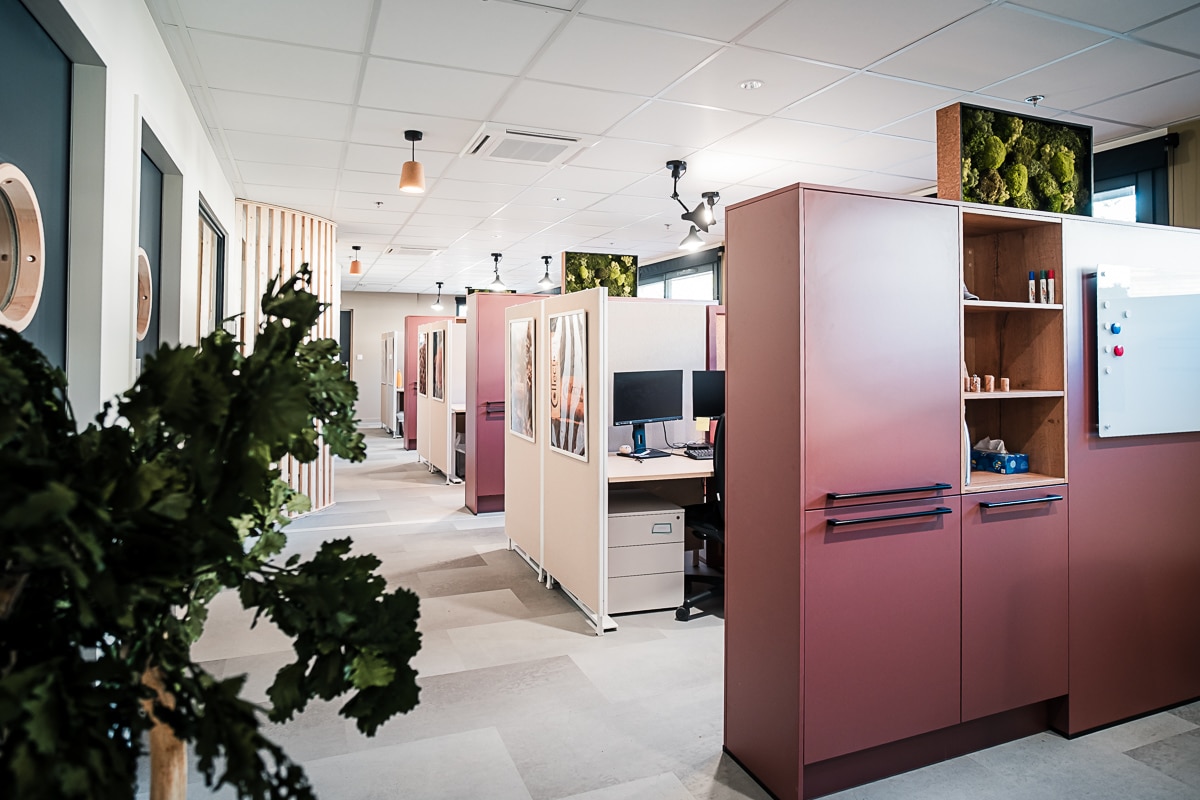 Aménagement de bureau moderne. Cloisons de travail roses et beiges, rangements. Design biophilique, mur végétal et plantes.