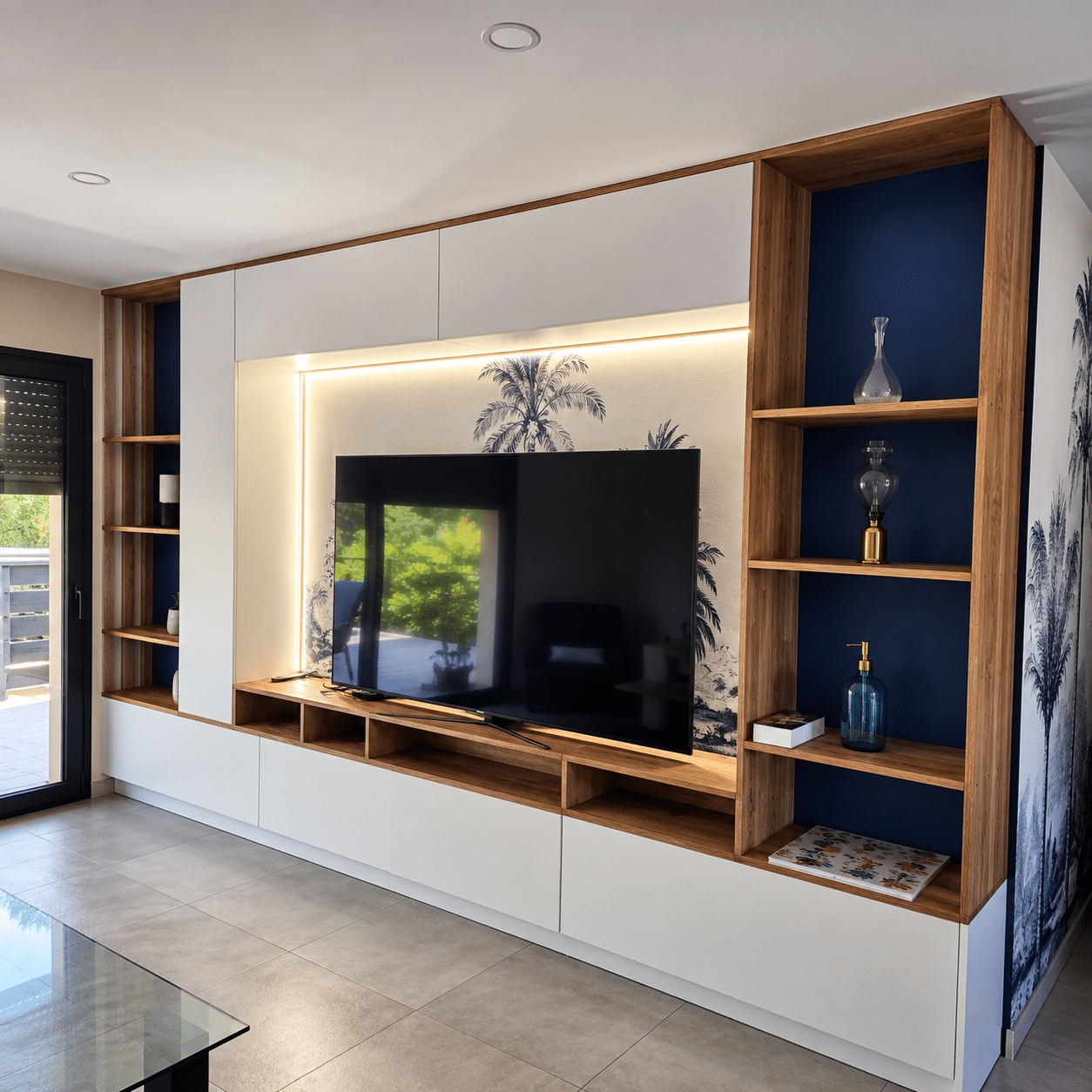 Meuble TV sur mesure bois et blanc avec niche bleu marine et papier peint tropical rétroéclairé.