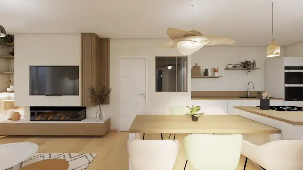 Salon et cuisine ouverts dans un style contemporain avec cheminée intégrée, suspension design et mobilier en bois clair.
