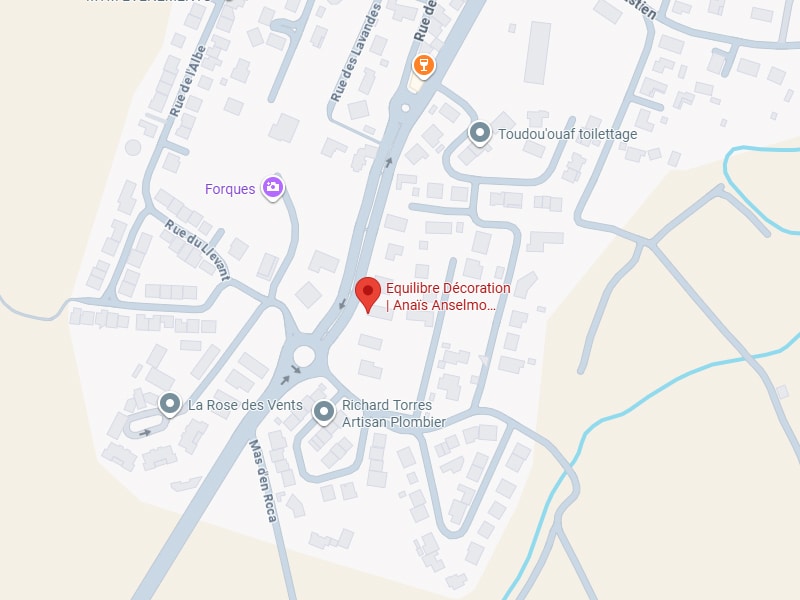 Carte: Équilibre Décoration, Forques, Proximité Carte centrée sur Équilibre Décoration | Anaïs Anselmo... près du rond-point, incluant les rues de l'Albe, du Lievant, Mas den Rocca et les commerces Forques, Toudou'ouaf.