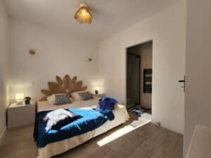 Chambre d'hôte lumineuse : grand lit, tête de lit tressée en feuille. Couverture bleue (avec l'étiquette "Fragile"). Douche moderne attenante.