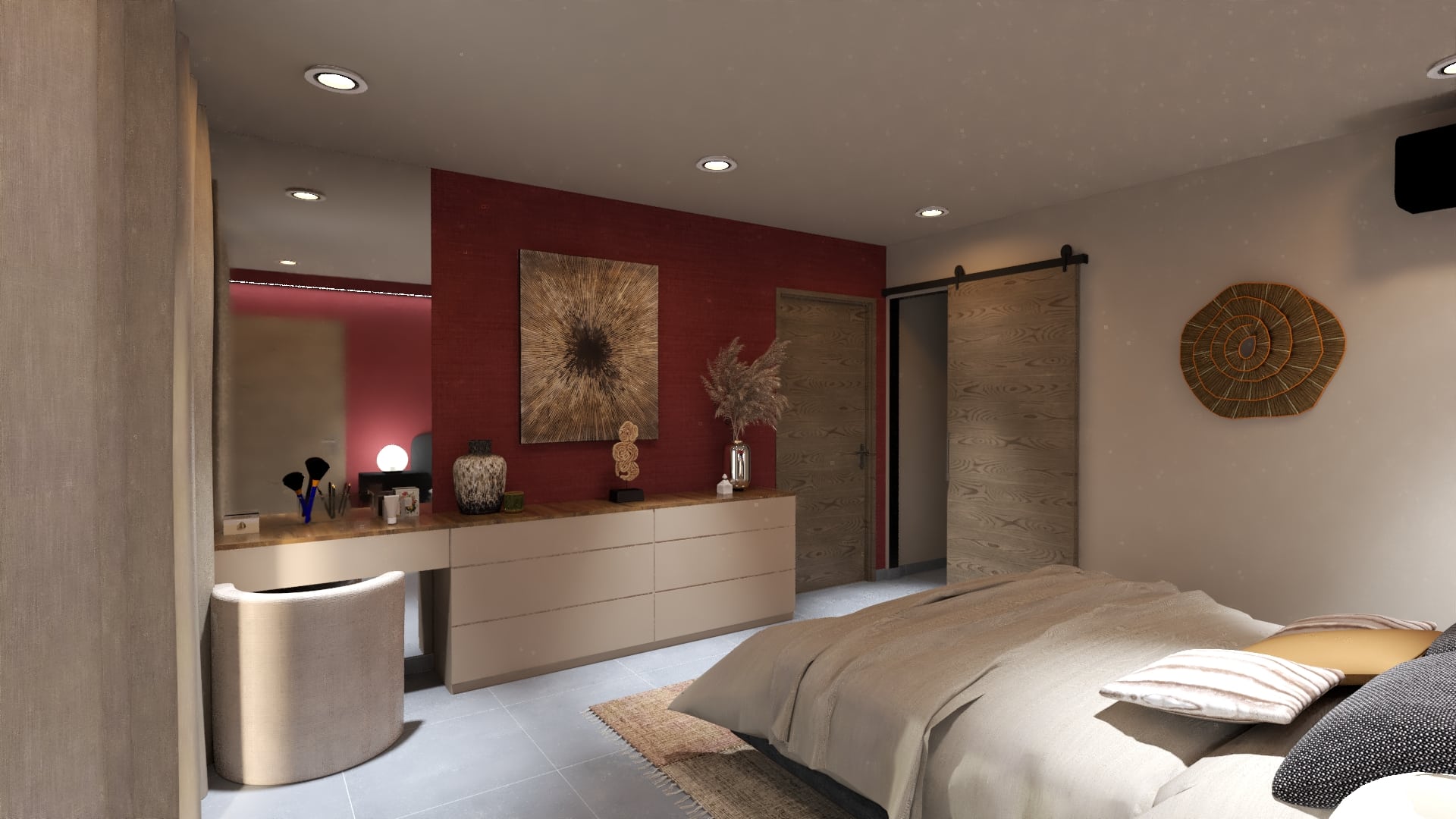 Chambre chaleureuse avec mur rouge profond, meuble bas beige et porte coulissante en bois naturel.