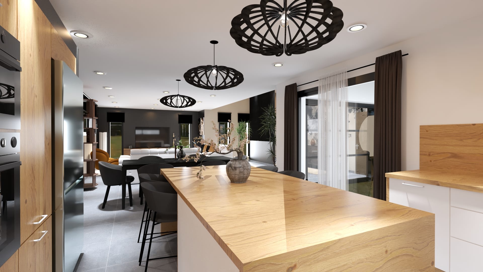 uisine ouverte avec grand îlot en bois massif, suspensions noires design et espace salle à manger intégré.