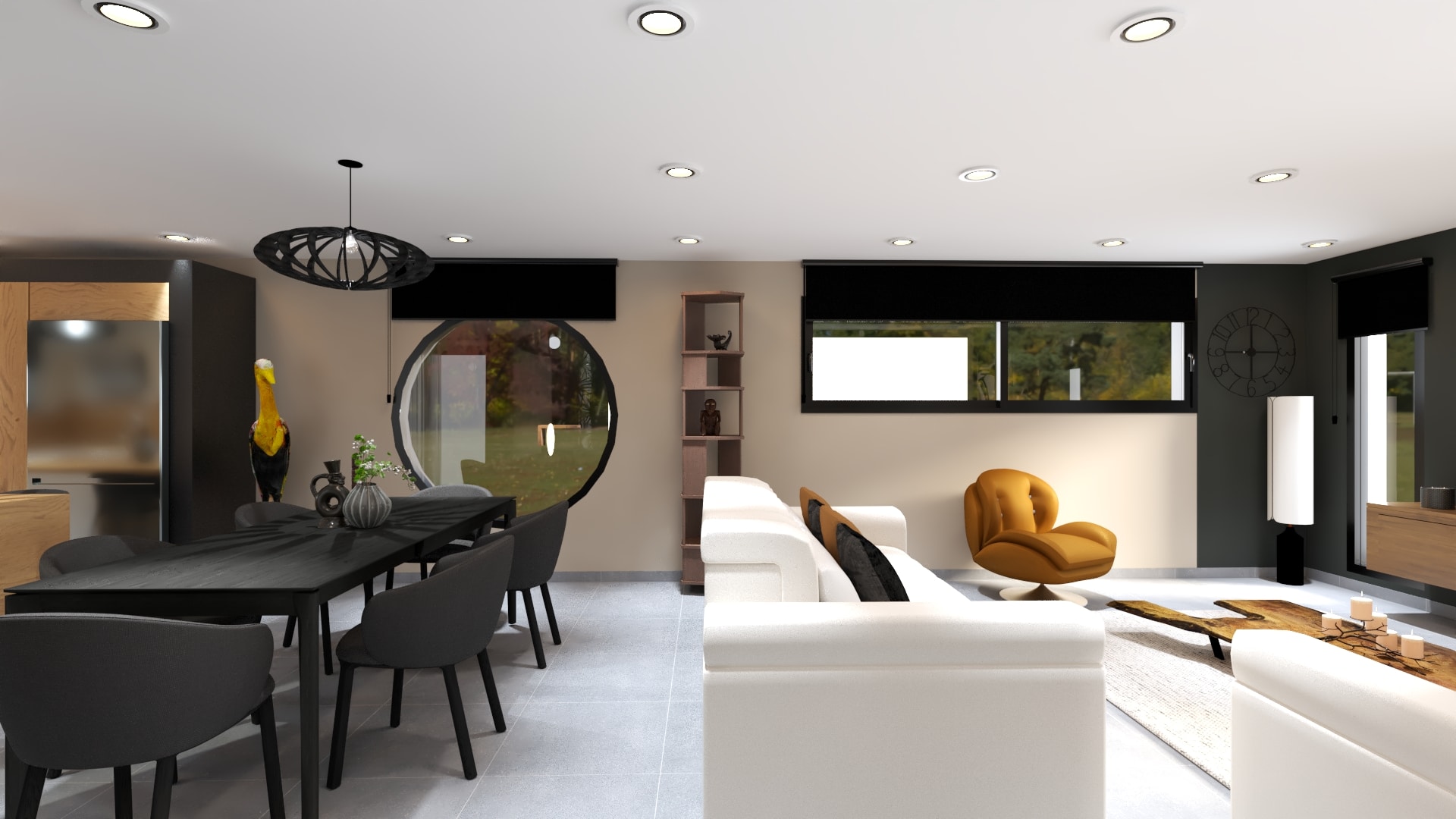 Salle à manger moderne avec table noire, fenêtre ronde et ambiance graphique noir et bois.