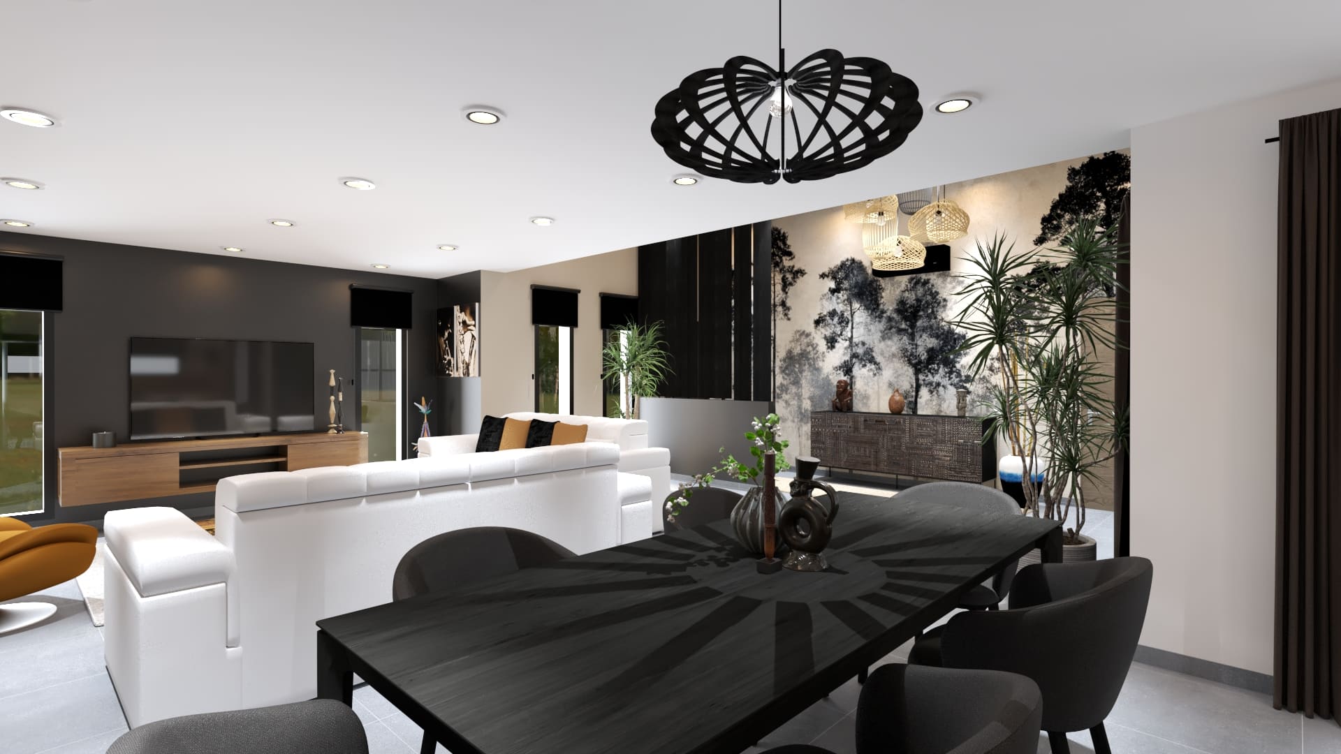 Entrée moderne avec claustra noir, carrelage gris et décoration bois sculptée.