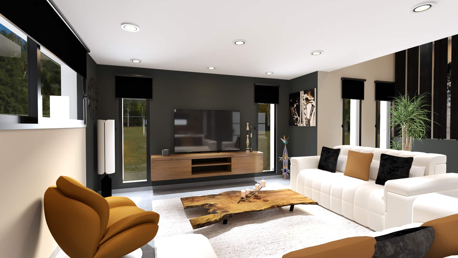 Salon lumineux avec fauteuil camel, table basse bois brut et mur TV anthracite.