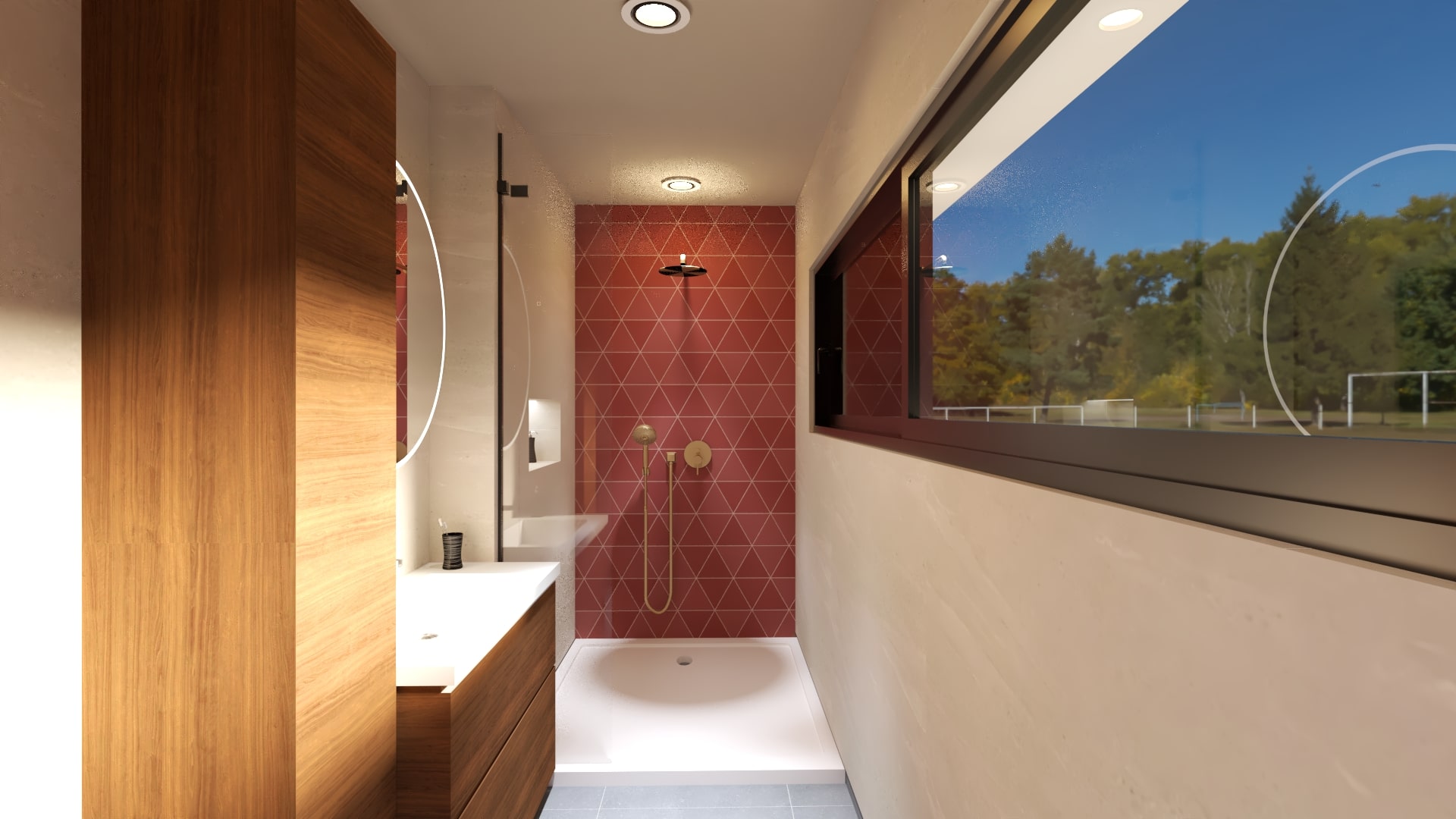 Salle d’eau contemporaine avec carrelage terracotta géométrique, meuble vasque bois et miroir rond lumineux.