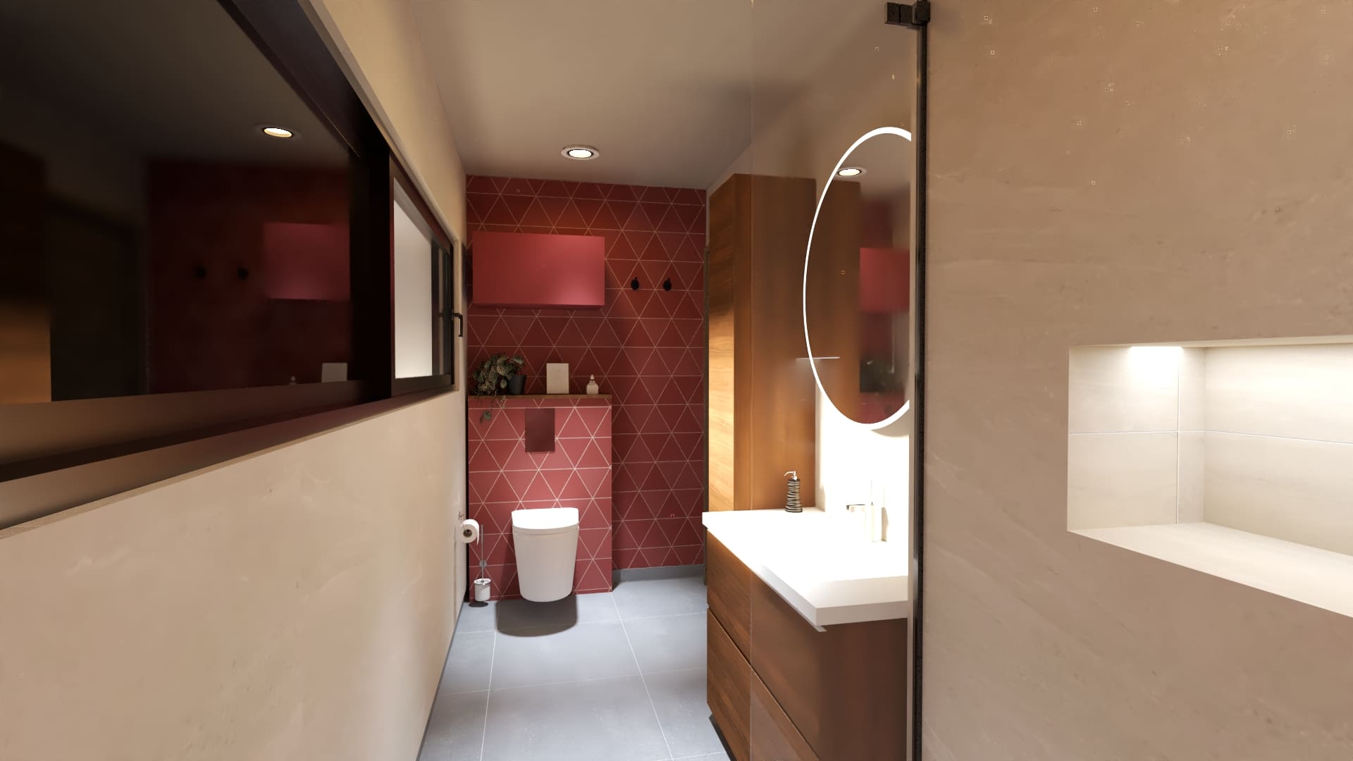 Salle d’eau contemporaine avec carrelage terracotta géométrique, meuble vasque bois et miroir rond lumineux.