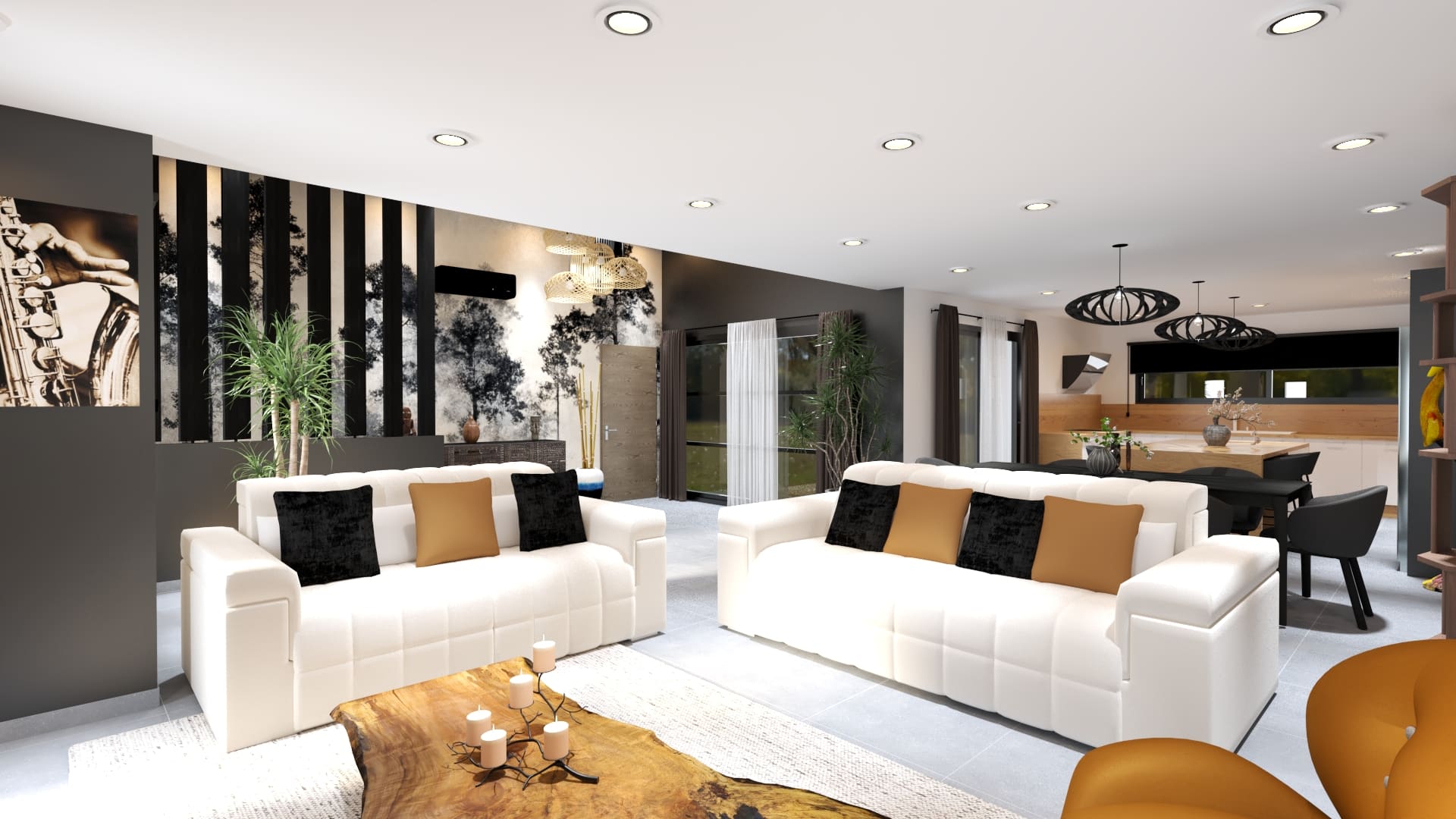 Salon contemporain noir et blanc avec canapés clairs, mur TV anthracite et touches camel chaleureuses.