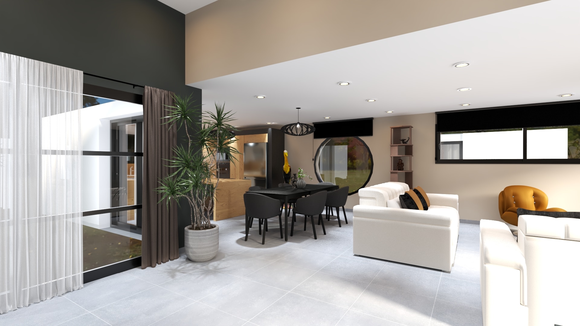 Vue ouverte sur séjour contemporain avec canapés blancs et espace repas noir et bois.