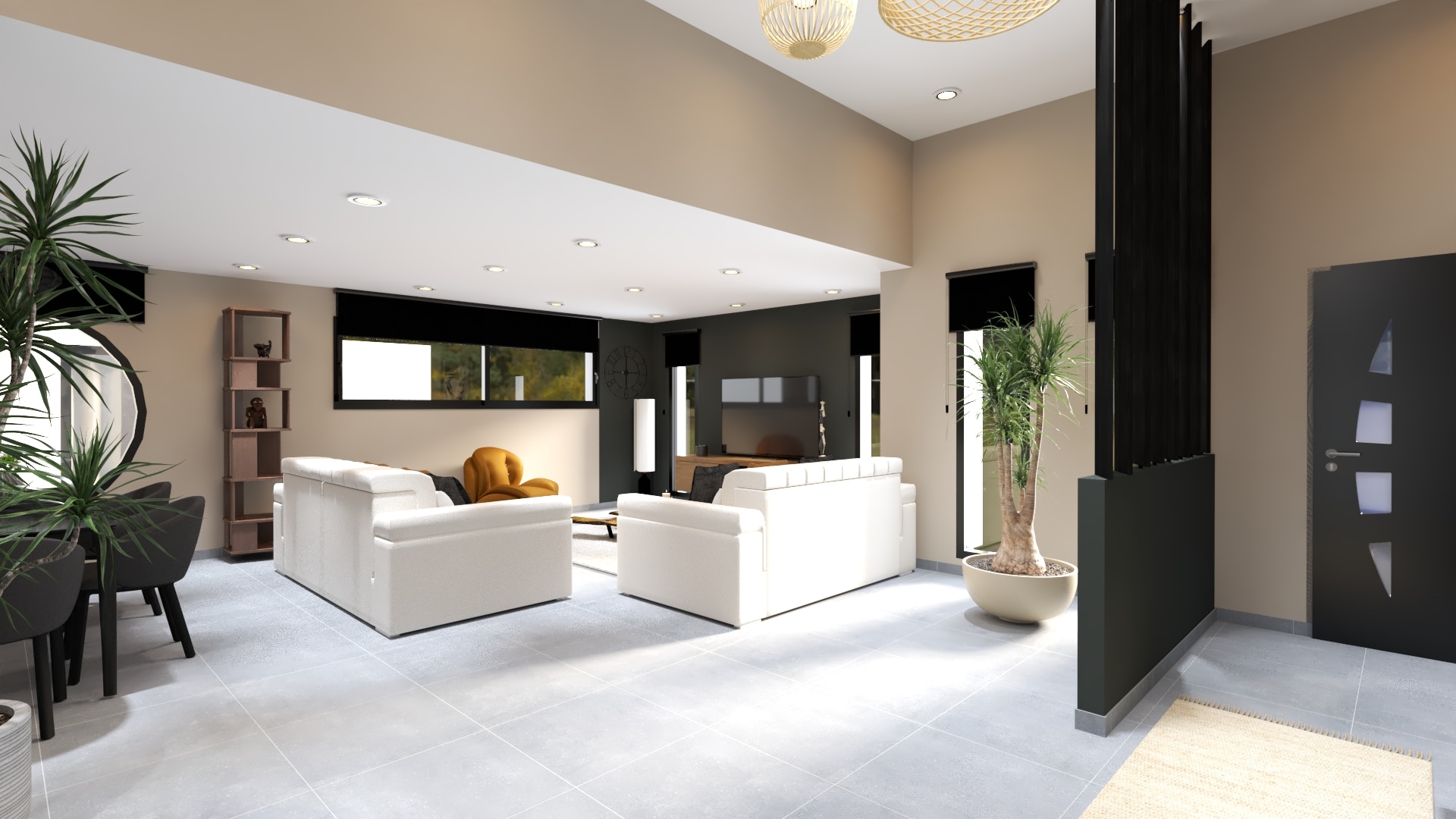 Salon lumineux avec fauteuil camel, table basse bois brut et mur TV anthracite.