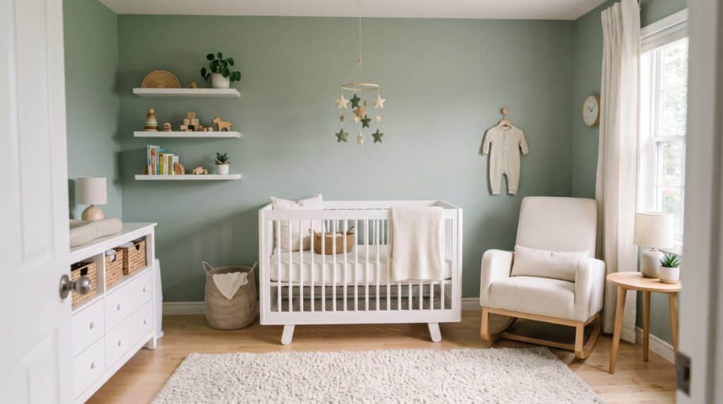Chambre de Bébé Vert Sauge : Déco Neutre et Moderne Chambre de bébé moderne vert sauge, berceau blanc et mobilier en bois naturel pour une ambiance apaisante.