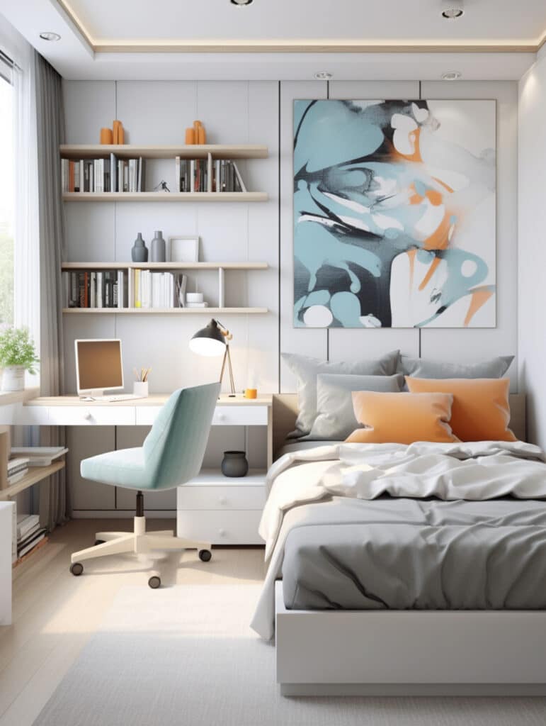 Chambre avec bureau moderne : déco design grise et orange Chambre moderne avec bureau intégré, chaise bleue, lit gris et grand tableau abstrait aux tons bleus et orange.