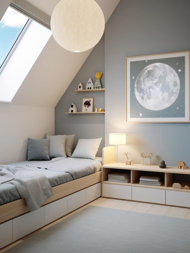 Chambre Enfant Scandinave : Déco Mansardée et Zen Chambre enfant mansardée au design scandinave avec lit à rangements, cadre lune et grand luminaire blanc.